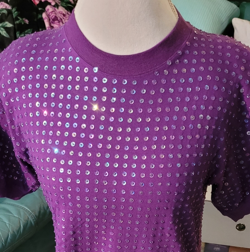 Vintage Gene Bis Purple Sequinned Long T-shirt, Size P from Neiman Marcus
